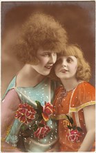 Mother and Daughter with Flowers, Portrait, Hand-Colored French Postcard, circa 1920