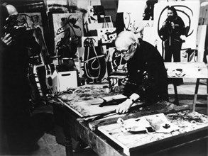 Joan Miro (1893-1983), Working in Home Studio, Palma, Majorca, 1982