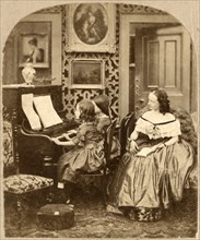Seated Woman Behind Two Seated Girls Playing Piano, Evening Music, Single Image of Stereo Card, circa 1890