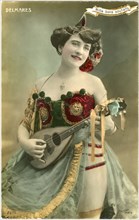 Georgette Delmares, French Actress and Showgirl, Playing Lute, Hand-Tinted Postcard, circa 1910