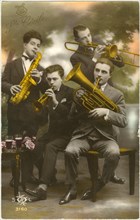 Ste Cecile, Brass Band, Hand-Colored French Postcard, 1918