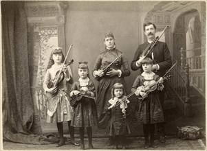 Parents and Four Daughters Holding Violins, Portrait, Cabinet Card, circa 1907