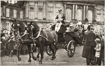 King Christian X in Horse-Drawn Carriage Amongst Large Crowd, Copenhagen, Denmark, circa 1930's, from Postcard Date-Stamped 1938