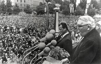 Mayor Willie Brandt of West Berlin and Chancellor Ludwig Erhard of West Germany, as Erhard Addresses Large Crowd, West Berlin, June 1963