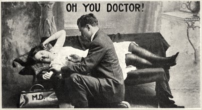 Doctor Checking Woman's Pulse Rate While She is Lying Down, "Oh You Doctor!", Postcard, circa 1920