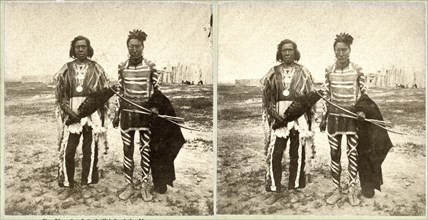 1st and 2nd Chief of the Mandans, Fort Berthold, Dakota Territory, USA, Stereo Card, circa 1880