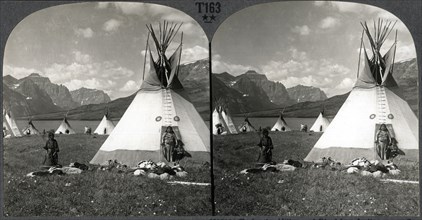 Blackfeet Village with Tipis, near St. Mary's Lake, Glacier National Park, Montana, USA, Stereo Card, circa 1900