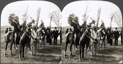 Sioux Native American Indians in Traditional Headdresses on Horseback, Nebraska, USA, Close Up, Stereo Card, 1900