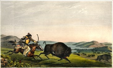 Hunting the Buffalo, Rice Rutter & Co, from a Painting by Peter Rindisbacher "Assiniboin Hunting on Horseback", 1836