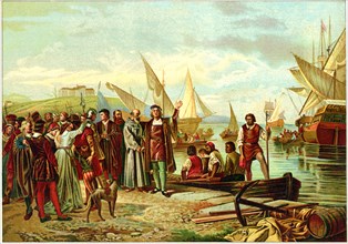 Embarkation and Departure of Columbus from the Port of Palos, on his First Voyage of Discovery, 3 Aug 1492, Painting by Ricardo Balaca