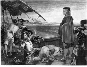 Dawn Revealing the New World to Columbus, Oct 12 1492, Engraving by W. Wellstood from a Painting by G. Harvey