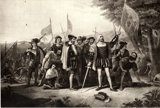 Landing of Christopher Columbus, Engraving by H. B. Hall, 1856