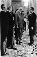 French President Charles De Gaulle Facing Sargent Shriver, U.S. Ambassador to France, during Reception, Paris, France, 1968