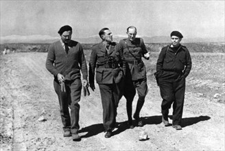 Ernest Hemingway-L, and Joris Ivens-R, on-set of the Propaganda Film, "The Spanish Earth", 1937