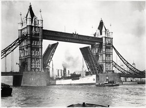 Tower Bridge with Ship Passing Though on River Thames, London, England, United Kingdom, circa 1955
