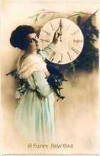 Woman Touching Clock, "A Happy New Year", Postcard, circa 1910