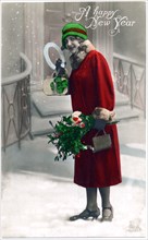 Woman in Red Coat Holding Bouquet of Flowers in Snow, "A Happy New Year", Postcard, circa 1910