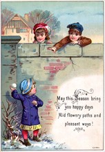 Boy with Snowball, Two Children Behind Wall, "May the Season Bring you Happy Days", Postcard, circa 1910