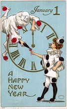 Male Clown Pouring Wine, Female Clown Holding Wine Glass, Clock, "January 1, A Happy New Year", Postcard, circa 1910