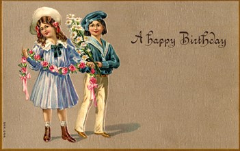 Girl and Boy with Flowers, "A Happy Birthday", Postcard, circa 1910