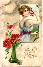 Woman Looking over Shoulder Holding Flower, Green Vase with Flowers, "True Love", Postcard, circa 1910