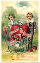 Girl and Boy with Cart Full of Hearts and Red Flowers, "To My Valentine", Postcard, circa 1910