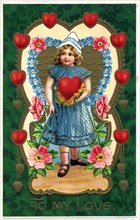 Girl in blue Dress Holding Heart in Green frame with 8 Hearts, "To My Love", Postcard, circa 1913