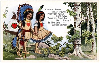 Boy and Girl in Native American Costumes, Valentine Postcard