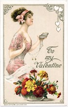 Woman in Pink Dress Holding Large Locket, "To my Valentine", Postcard, circa 1913