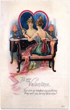 Woman Seated in Front of Heart-Shaped Mirror, "To My Valentine", Postcard, circa 1910
