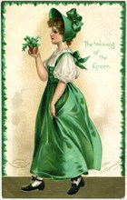 Girl in Green Dress and Bonnet Holding Green Plant, "The Wearing of the Green", Postcard, circa 1908