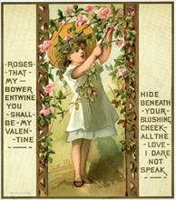 Girl in Wide Hat Tending Roses, Valentine, Postcard