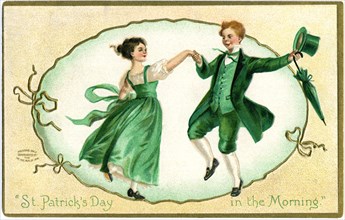 Girl and Boy in Green Clothes Dancing, "St. Patrick's Day in the Morning", Postcard, circa 1908
