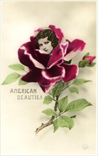 Woman's Face Embedded in Red Rose, "American Beauties", Postcard, circa 1910