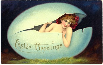 Nude Woman in Egg, "Easter Greetings", Postcard, circa 1910
