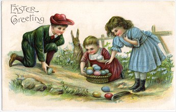 Three children Gathering Eggs, "Easter Greeting", Postcard, circa 1908