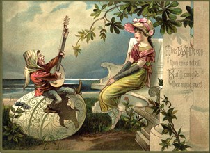 Musician Playing Double-Stringed Lute to Young Woman on Bench, "This Easter Egg thou Canst Eat", Postcard, circa 1910
