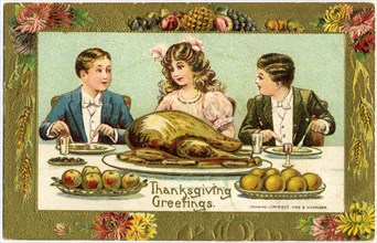 Two Boys and Girl Eating Turkey Dinner, "Thanksgiving Greetings", Postcard, circa 1909
