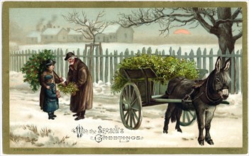 Mistletoe Seller and Donkey Cart with Woman and Child in Snow, "With the Season's Greetings", Christmas Card