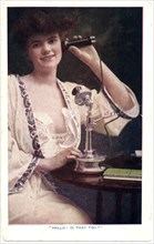 Smiling Woman Holding Telephone, "Hello, is that You?",  Postcard, circa 1907
