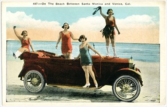 Four Women  in Bathing Suits on Red Car, "On the beach between Santa Monica and Venice, Cal.", Postcard, circa 1920's