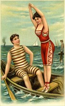Man and Woman in Bathing Suits in Rowboat, Illustration, Postcard, circa early 1900's