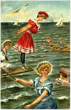Woman in Red Swim Dress in Diving Position on Seaside Diving Board, Surrounded by other Women, Illustration, Postcard, circa early 1900's