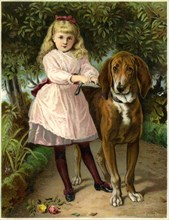 Girl in Pink Dress Holding Dog by Leash, "He Won't Hurt You", Dr. D. Jayne's Tonic Vermifuge, Trade Card, circa 1890's