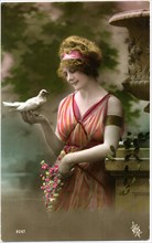 Woman in Orange Striped Dress Holding Dove, Hand-Colored Postcard, circa 1919