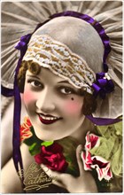 Smiling Woman Wearing Large Hat with Purple Ribbon, "Ste Catherine", Hand-Colored, French Postcard, circa 1915