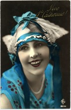 Smiling Woman Wearing Large Hat with Blue Ribbon, "Ste Catherine", Hand-Colored, French Postcard, circa 1914