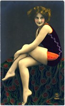 Smiling Woman Wearing Purple Swimsuit with Orange Thigh Panel, Hand-colored, French Postcard, circa 1910's