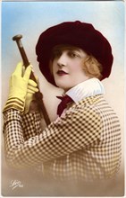 Woman in Checkered Dress and Red Ha Holding Cane, Portrait, Hand-Colored Portrait, circa 1921