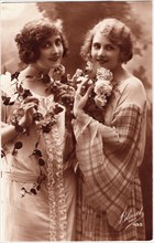 Two Smiling Women with Flowers, Portrait, French Postcard, circa 1910's